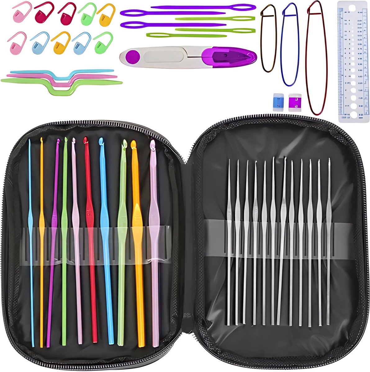 Brei Set - Haakset - Naaiset - Teedz - 50-delige Haakset - Compleet Starterspakket - Inclusief Eco-Leren Etui - Voor Beginners en Gevorderden