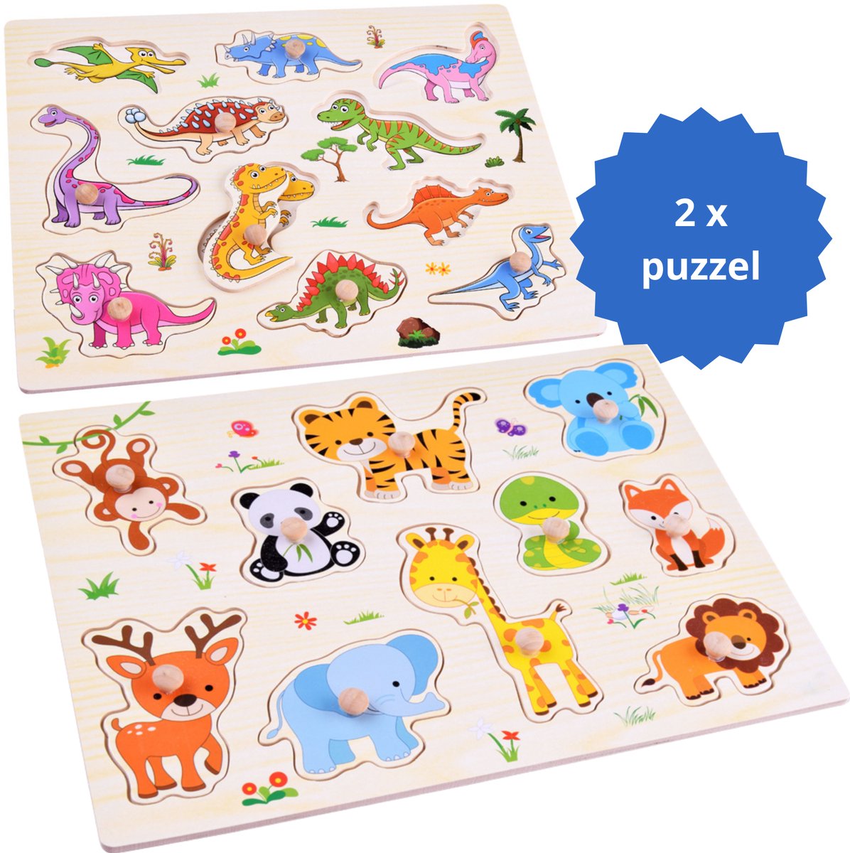 Dieren + Dinosaurus - Houten puzzels voor kinderen 1 jaar / 2 jaar / 3 jaar - Educatief speelgoed - Cadeau jongen / meisje - Baby - Dreumes - Peuter - Traktatie - Uitdeelcadeaus