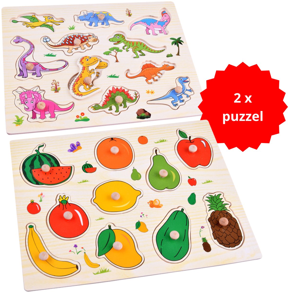 Dinosaurus + Fruit - Houten puzzels voor kinderen 1 jaar / 2 jaar / 3 jaar - Educatief speelgoed - Cadeau jongen / meisje - Baby - Dreumes - Peuter - Traktatie - Uitdeelcadeaus