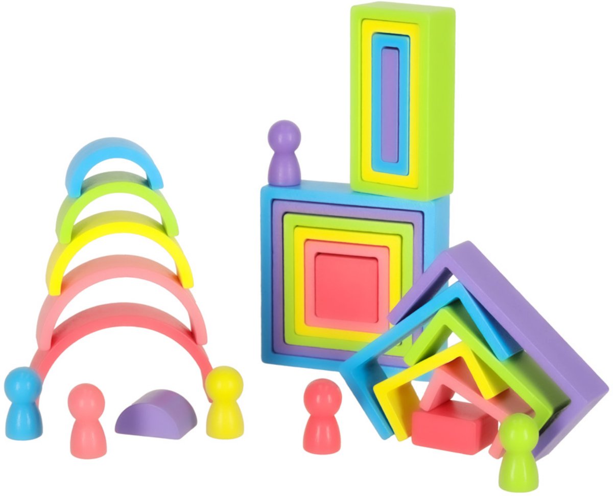 Teedz - Houten Montessori Blokkenset - 28-delige Educatieve Speelset - Stimuleert Creativiteit - Motorische Vaardigheden - Vanaf 3 jaarKinderspeelgoed Peuter speelgoed - Kleuter speelgoed - Regenboog