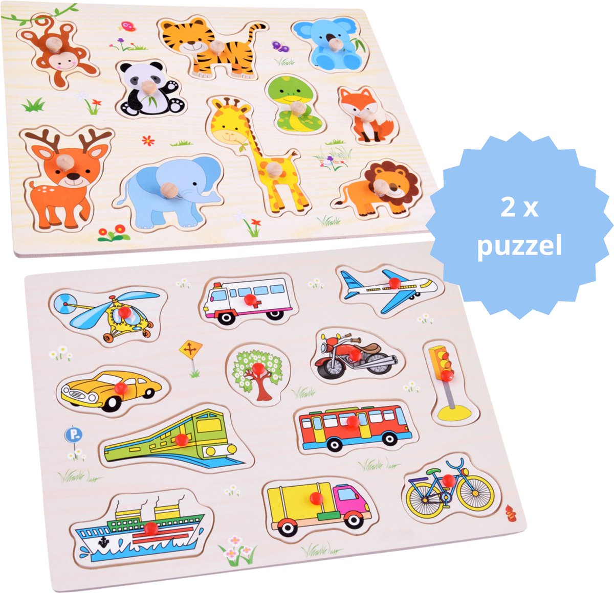 Voertuig + Dieren- Houten puzzels voor kinderen 1 jaar / 2 jaar / 3 jaar - Educatief speelgoed - Cadeau jongen / meisje - Baby - Dreumes - Peuter - Traktatie - Uitdeelcadeaus