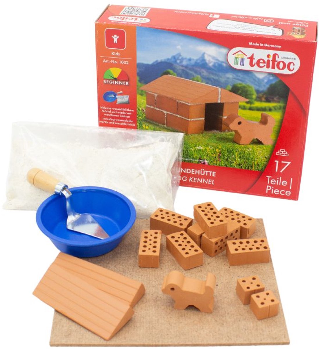 Teifoc® Bouwdoos - Hondenhok Bouwset – 17-delig – Echte mini bakstenen met cement – Bouwpakket voor kinderen vanaf 6 jaar