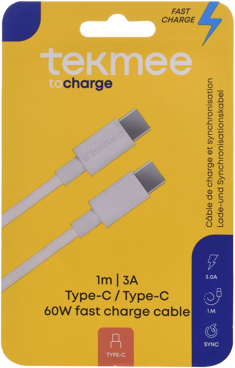 Tekmee oplaadkabel Fast Charge USB-C / USB-C 1M.