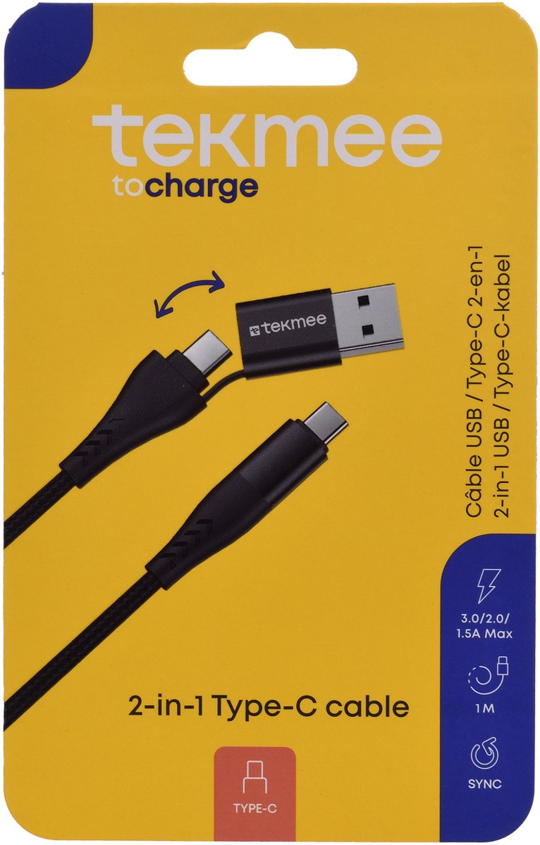 Tekmee oplaadkabel USB-C / USB 2 in 1 1M.