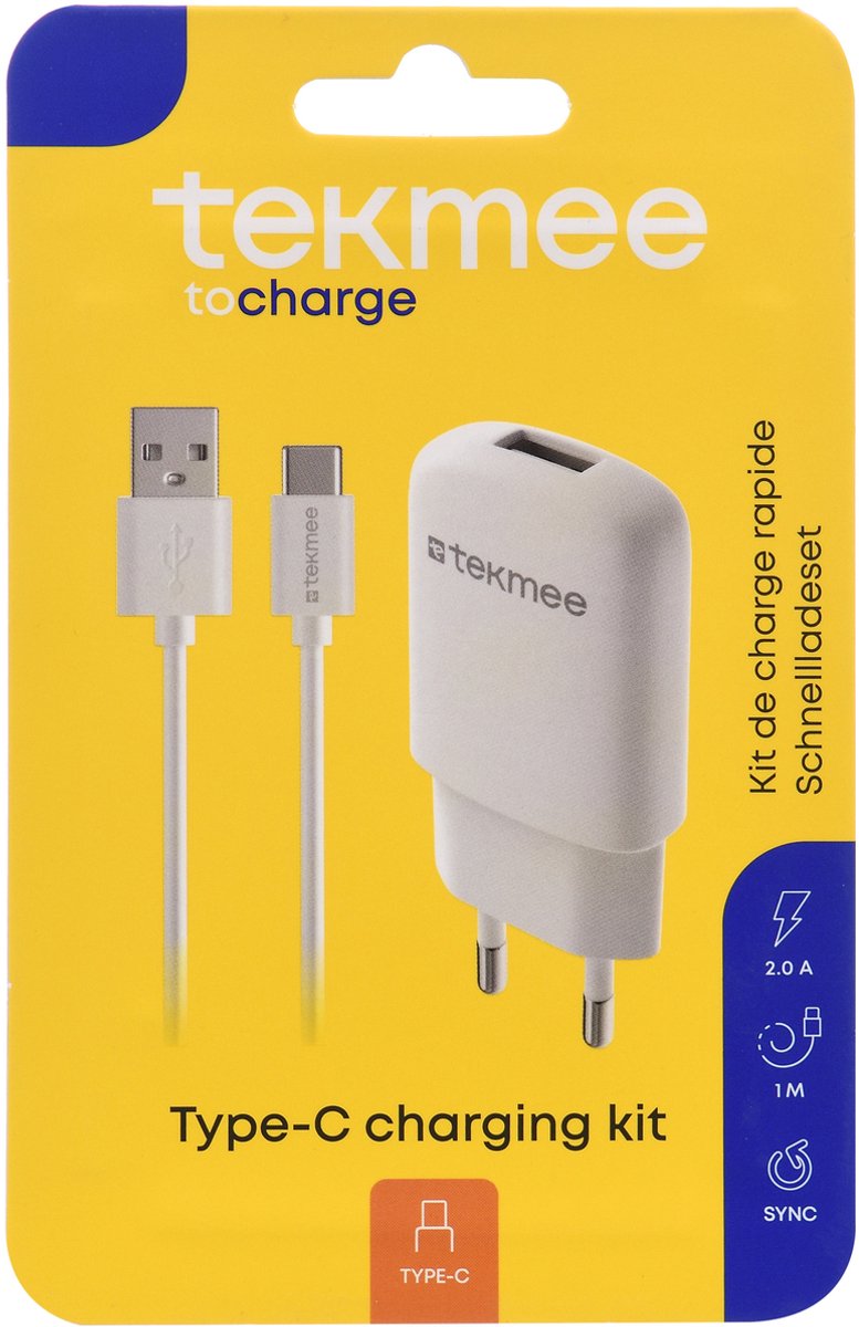 Tekmee thuislader 2.0A set USB / USB-C 1m.