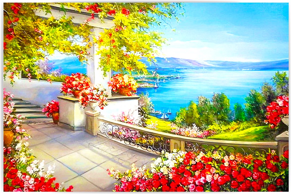 Diamond Painting Volwassenen - Volledig Pakket - 30 x 40cm - Ronde Steentjes - Griekse bakontuin met uitzicht