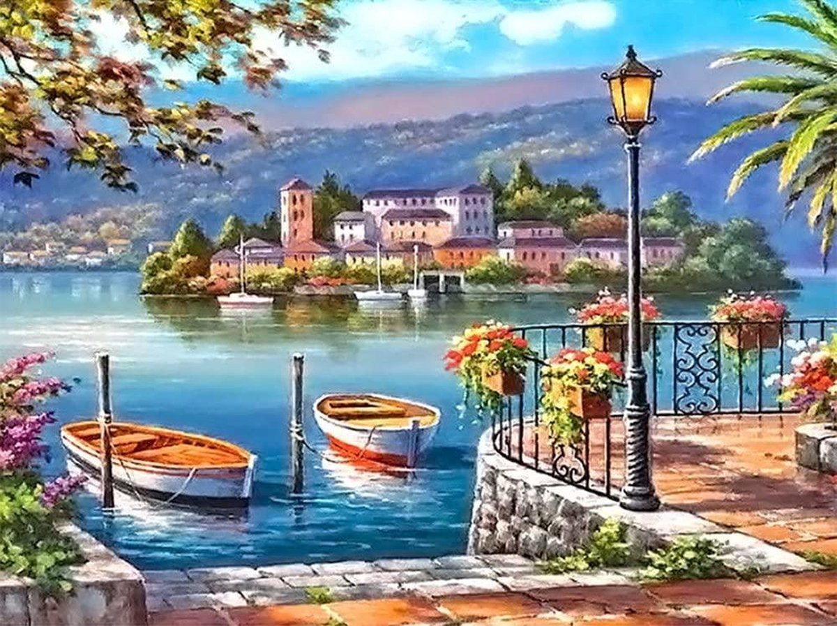 Diamond Painting Volwassenen - Volledig Pakket - 30 x 40cm - Ronde Steentjes - Mediterraans Uitzicht