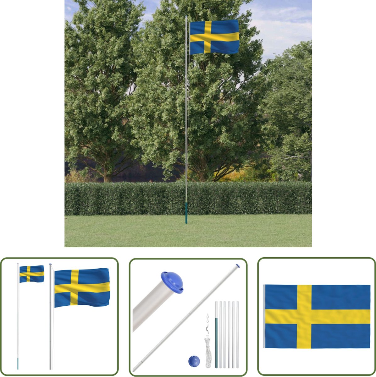 The Living Store Zweedse Vlaggenset - 90x150 cm - Duurzame polyester vlag - Weerbestendige aluminium vlaggenmast - Verstelbare lengte - Stabiel frame - Eenvoudige bediening