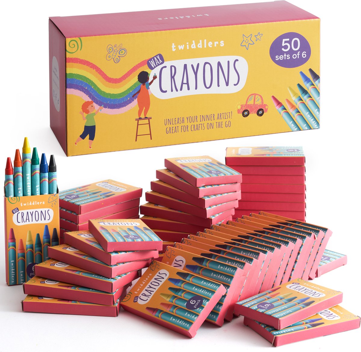 THE TWIDDLERS - 50 doosjes waskrijtjes voor kinderen, 6 krijtjes per doosje, 300 in totaal - gemengde kleuren, perfecte minikrijtjesverpakkingen voor feestzakvullers, schoolklassen, kunst & ambacht