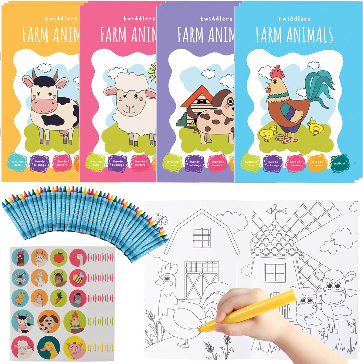 THE TWIDDLERS 12 Kleurboeken voor Kinderen (A5-Formaat), 48 Krijtjes & 12 Stickervellen - Boerderijdieren - Bruiloften, Verjaardagen, Uitdeelcadeautjes, Traktaties