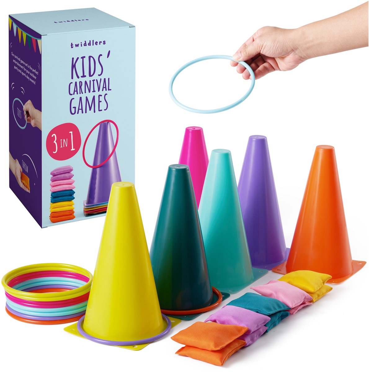 THE TWIDDLERS 3-in-1 Spelset: Ringwerpen, Pittenzak Gooien & Kegels - 26-delig voor Tuinfeest & Verjaardag