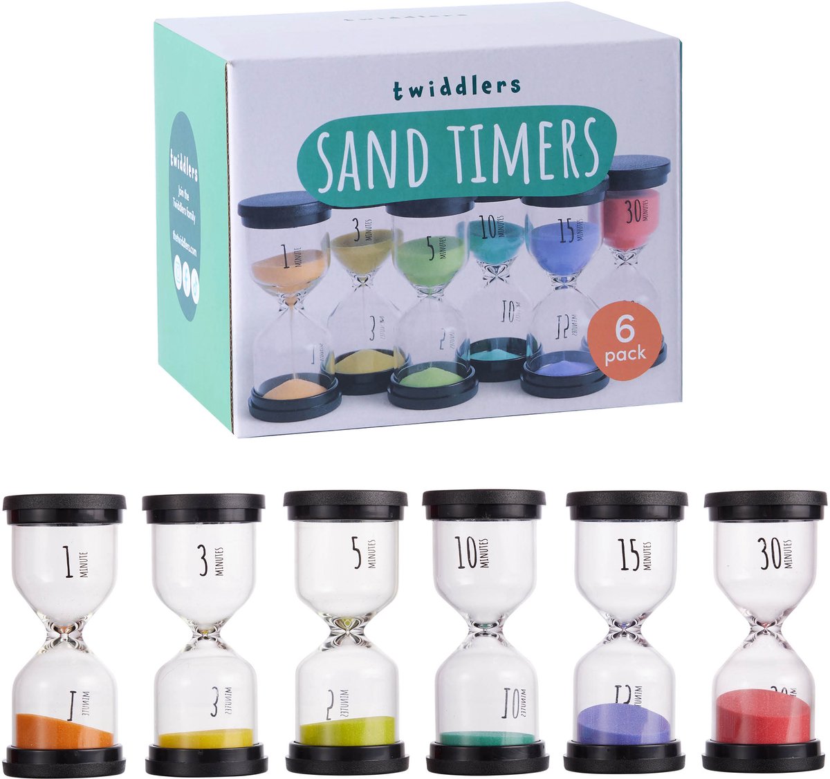THE TWIDDLERS 6 Zandloper Timers, 6 Kleuren - 1 3 5 10 15 & 30 Minuten - Kinderen, Kleuterschool, Montessori, Educatief, Leren & Games, Koken, School, Kantoor