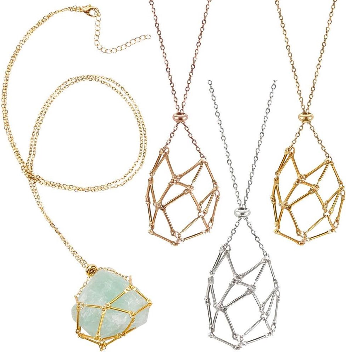 TheLau - 3 Kristal Steen Houder Set met Hanger Ketting - Verstelbare Stenen Kooi - DIY Sieraden voor Kerst en Verjaardag - Roestvrij - Diverse Kleuren