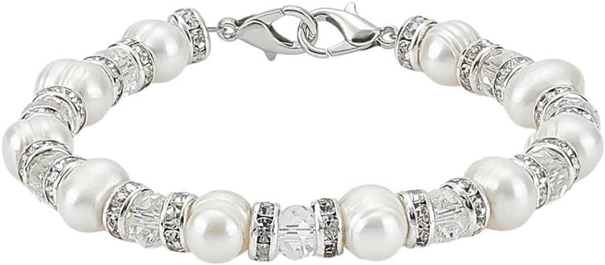 TheLau - Armband met Zoetwater Parels en Medische Alert ID - 18 cm - Gekweekte Parel Armband - Glas Kralen - Strass Kralen - Vrouwen Sieraden - 8mm