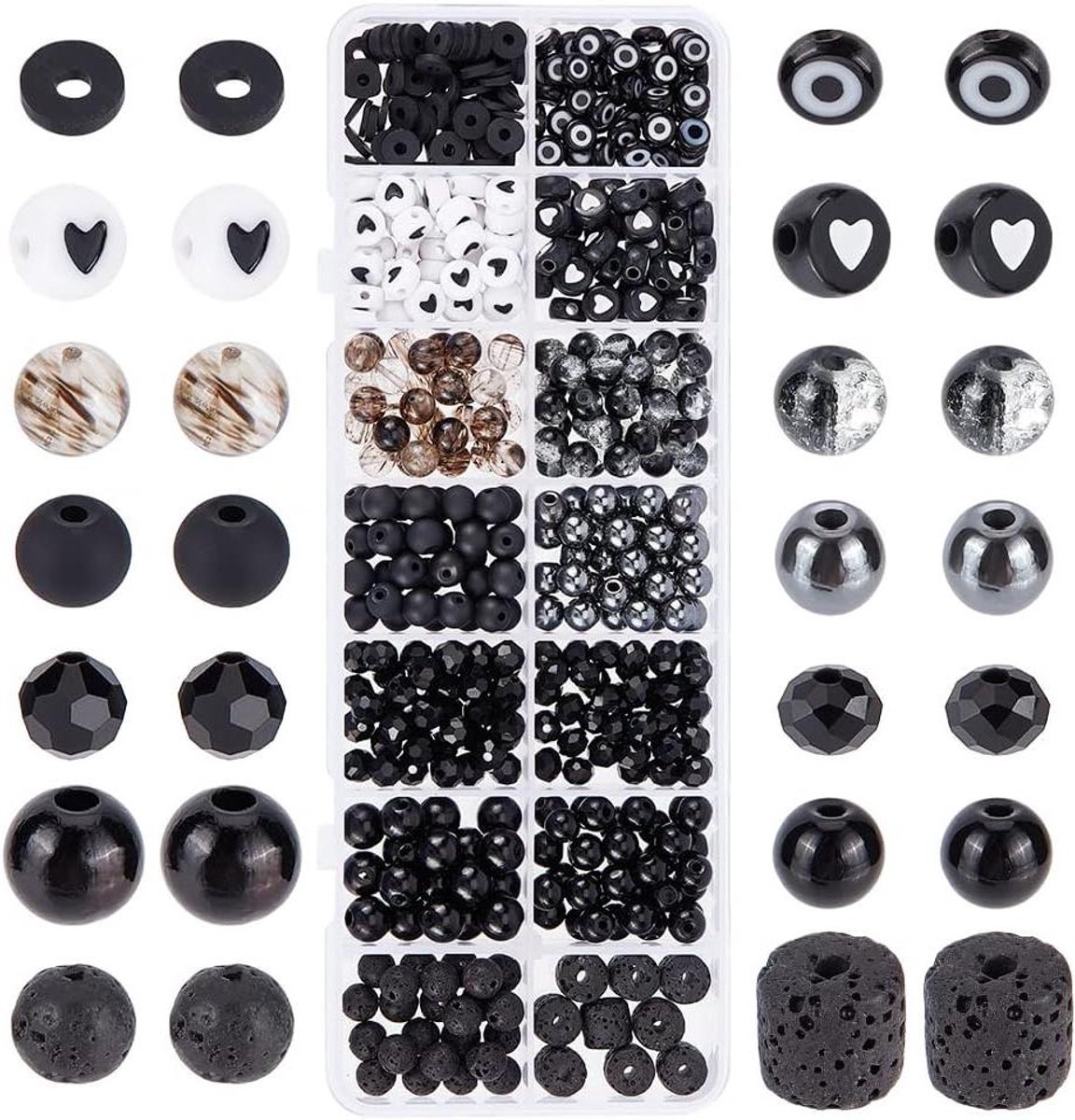   - Glazen kralen set, 522 stuks, zwart wit, natuurlijke lavasteen, DIY sieraden maken en woondecoratie - 75 tekens.