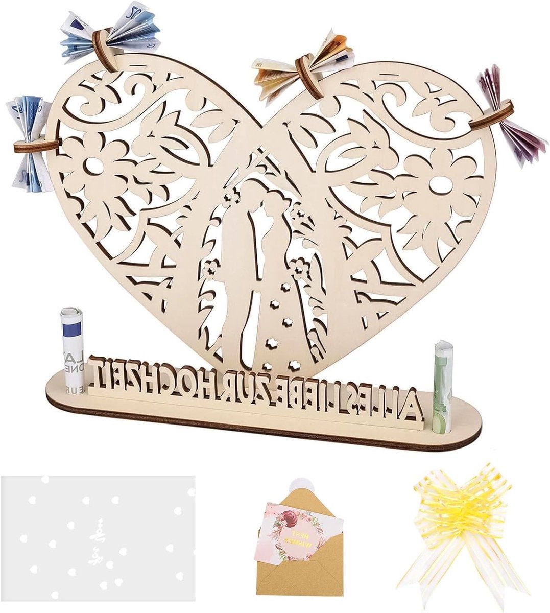 TheLau - Houten Geldcadeau voor Bruiloft en Verjaardag - Huwelijkscadeau voor Bruidspaar - Origineel Hart voor Liefhebbers - Jubileumcadeau van Hout - Uniek Cadeau Idee - Geld geven in Stijl op Huwelijk of Verjaardag