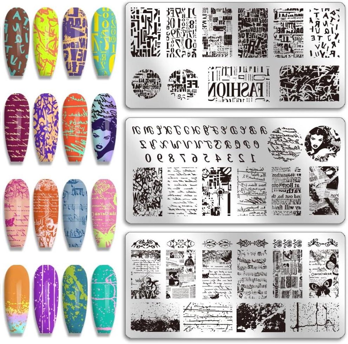 TheLau - Nagelstempelplaten met Graffititextuur - Cijfers en Alfabet - Vintage Stijlen - Manicure Kunst Sjablonen voor Vrouwen - Salonontwerptool - Set van 3