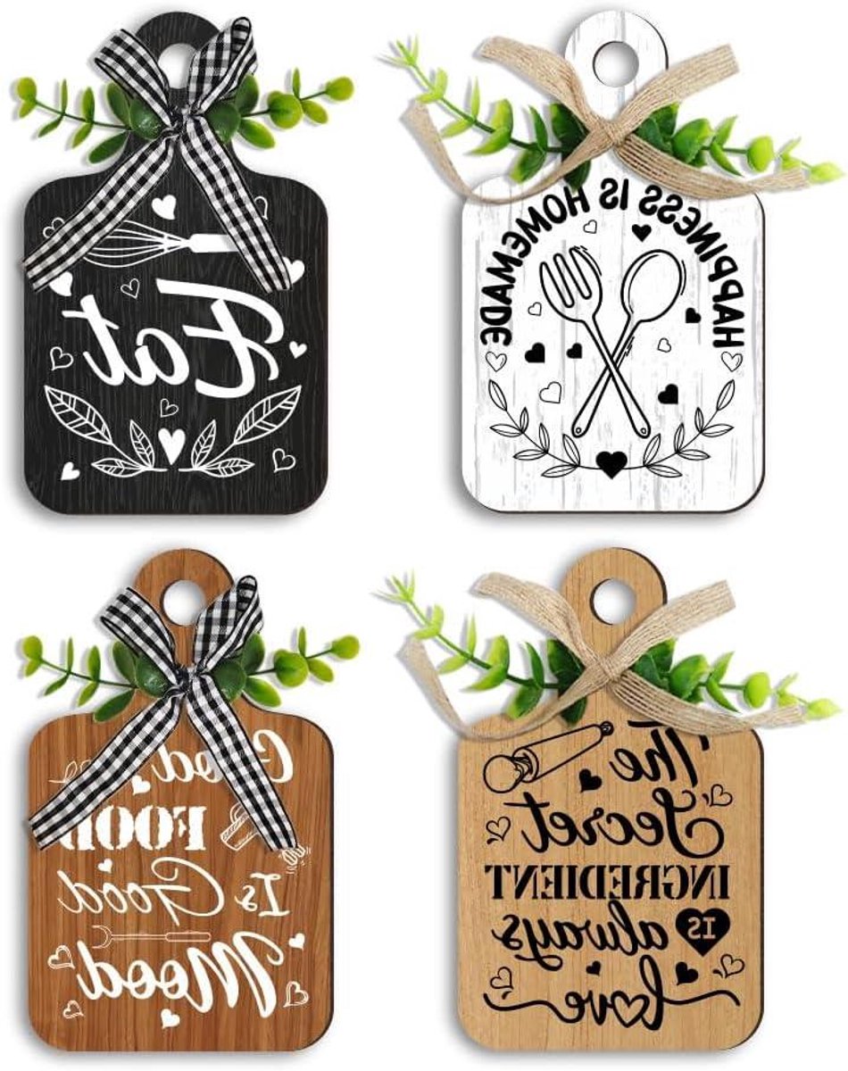   - Set van 4 houten wandborden voor de keuken - Boerderij thema - Decoratie met henneptouw - Voor thuis, keuken en bar
