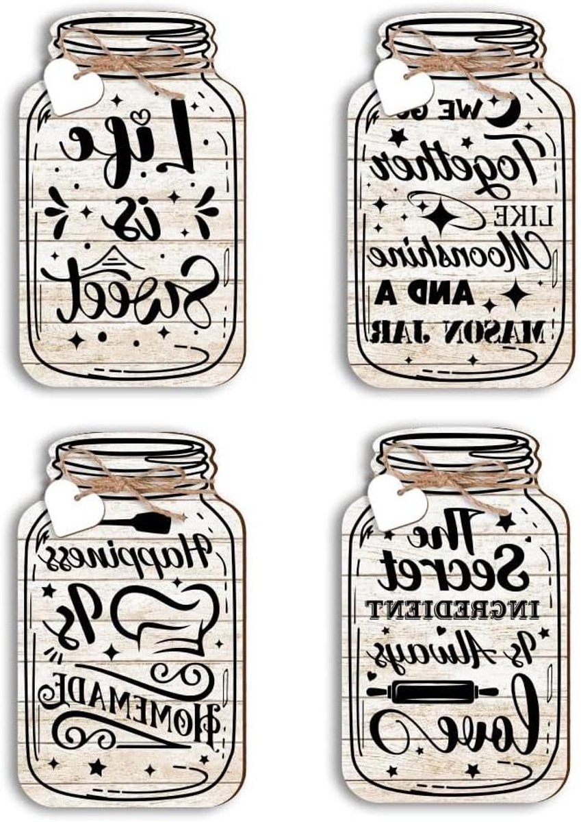   - Set van 4 stuks keuken wanddecoratie borden met ster en maan design, houten borden met hennep touw - Boerderij keuken decoratie voor thuis, bar en cafe - Afmetingen 15x9cm.