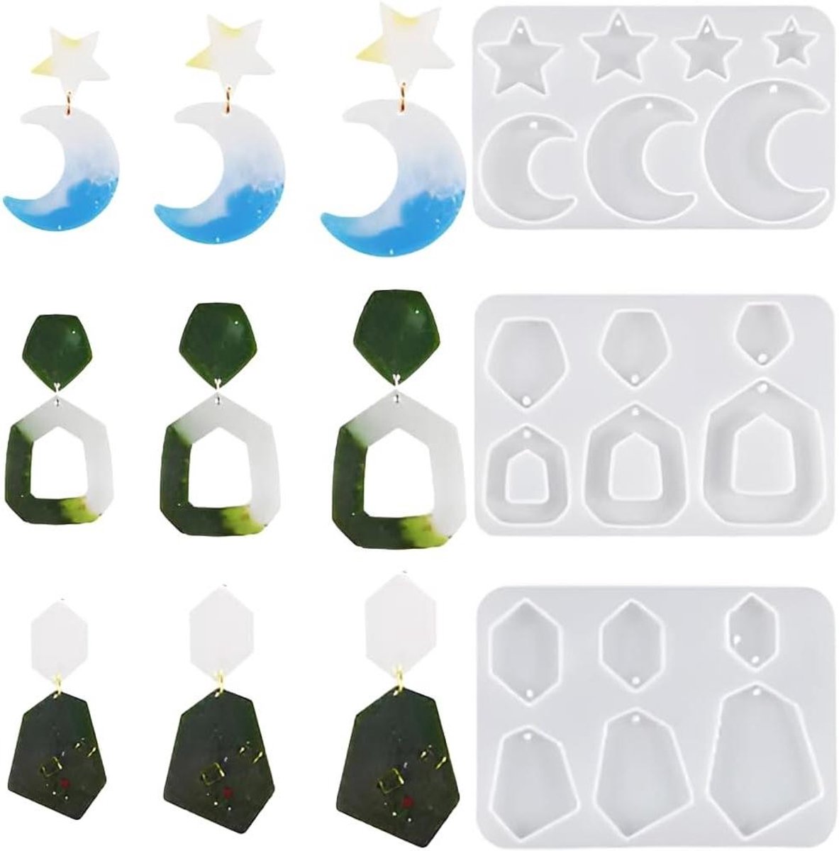 Thelau - - Sieraden epoxyhars vormen voor DIY knutselen - set van 3 stuks met hanger, halsketting, oorbellen siliconen vormen voor ster, maan, zeshoek en kristal gieten