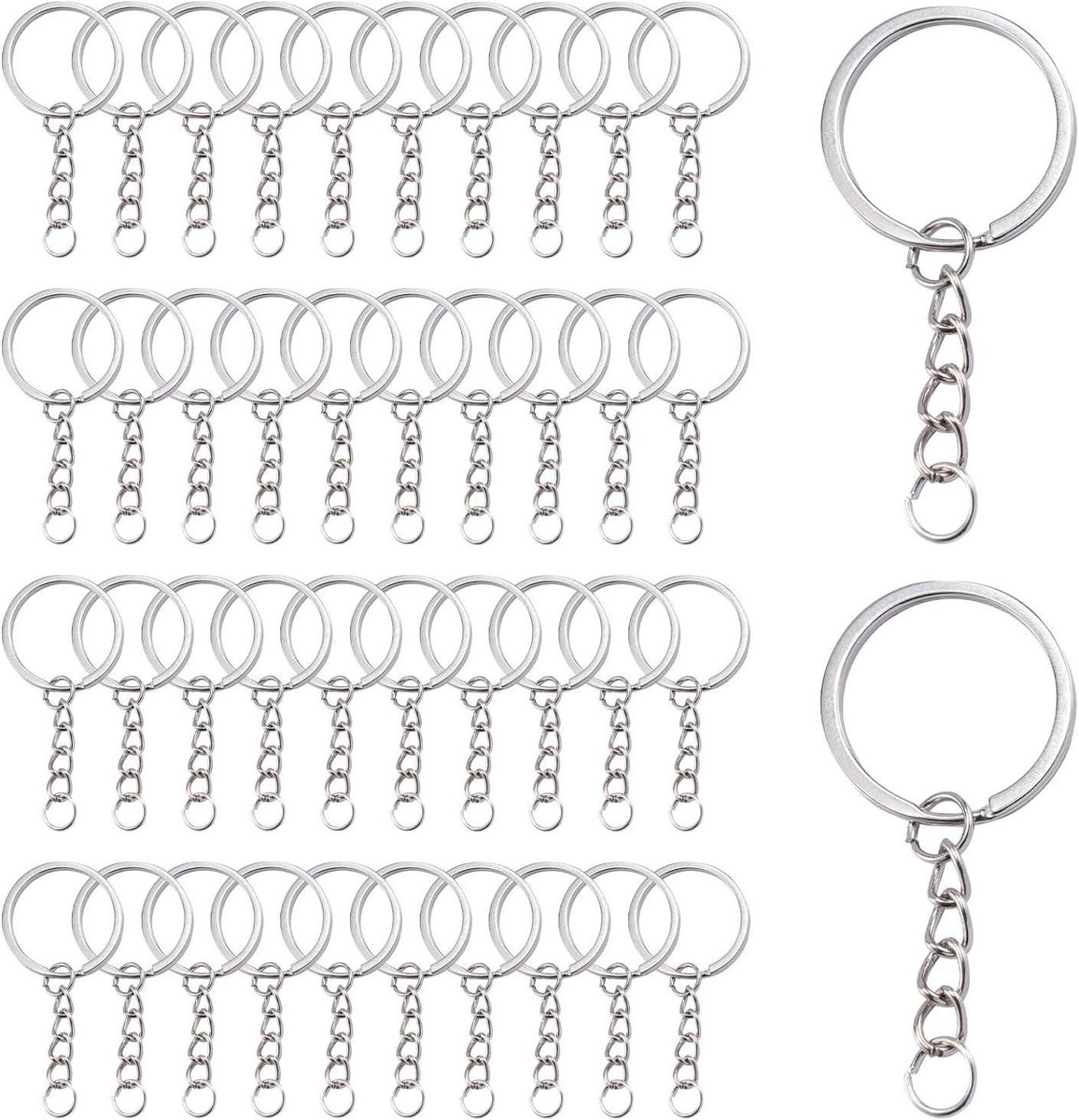 Thelau - 100 stuks 25 mm sleutelring met ketting - Roestvrij staal - Doe-het-zelf sieraden maken - Zilver