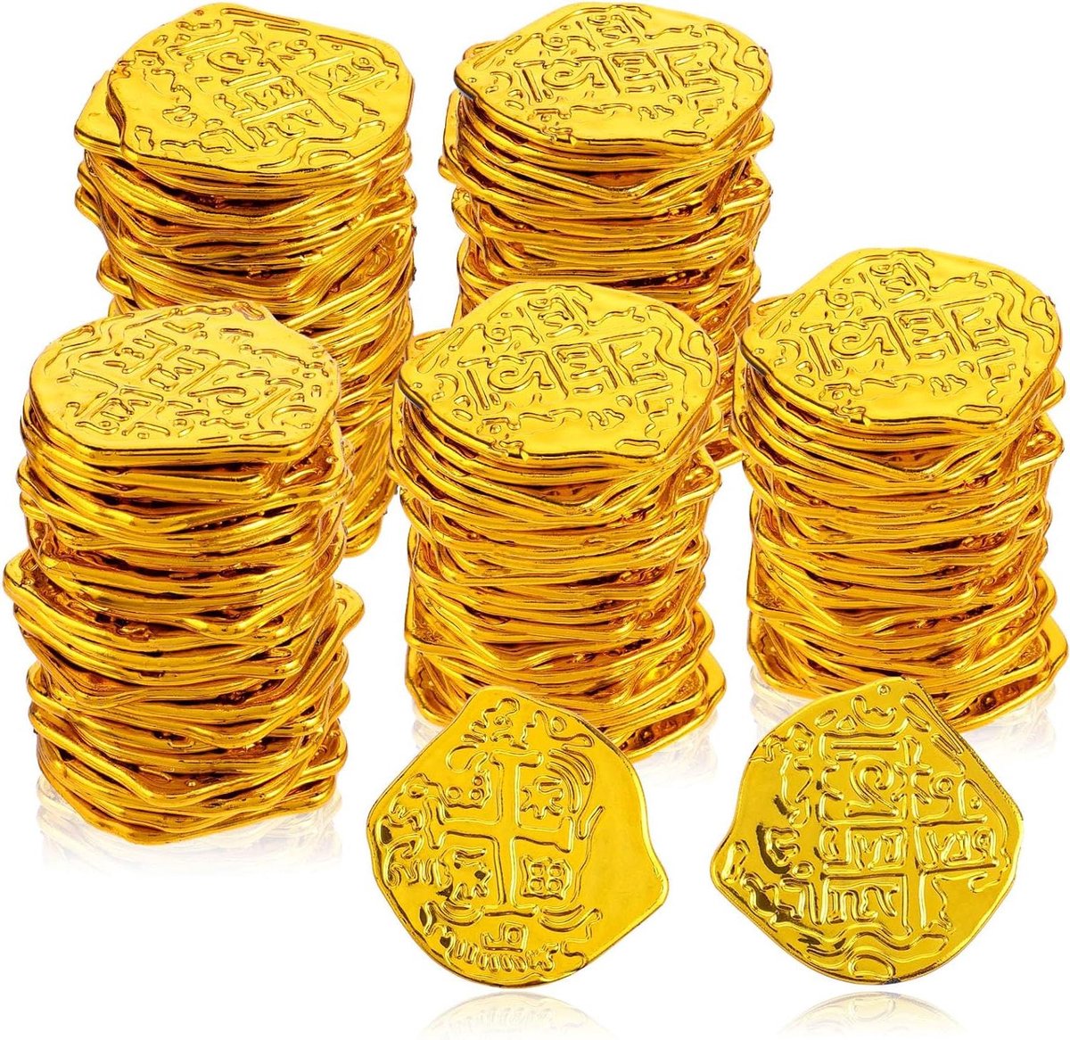 Thelau - 100 stuks piratenmunten van kunststof - Voeg toefeestdecoratie en schatzoeken - Set van namaak Spaanse Dobloni munten voor evenementen - ideaal voor Halloween en verjaardagsfeesten