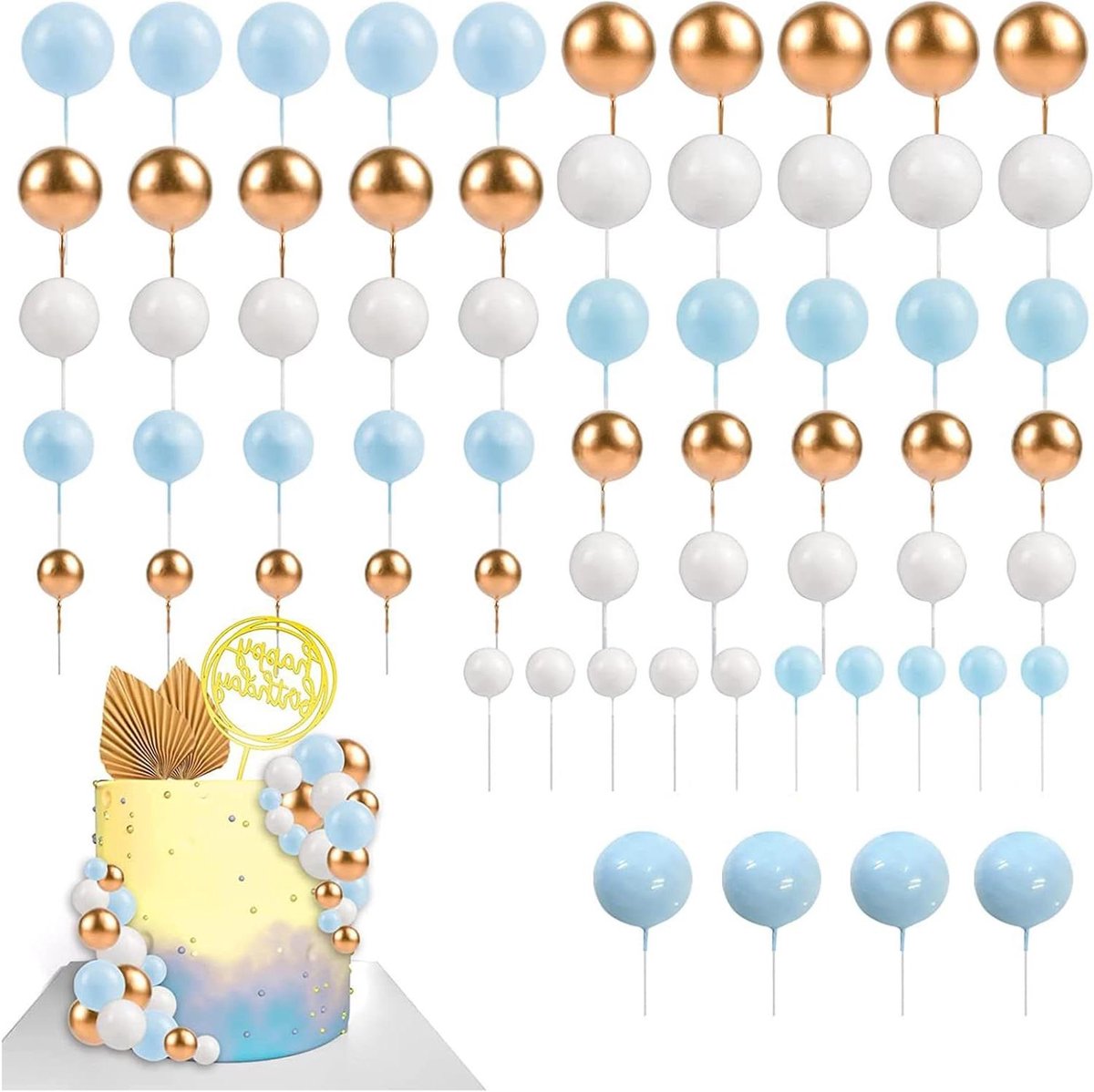 Thelau - 108-delige Taarttoppers Set - Gouden Ballen - Taartdecoratie en Cupcake Toppers - Blauw Wit Goud - Voor Bruiloft, Valentijnsdag, Verjaardag