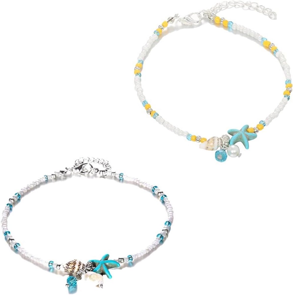 Thelau - 2 stuks boho turquoise enkelkettinkjes en armbanden met zilveren parels - verstelbaar voetsieraad voor vrouwen en meisjes - strandaccessoires met zoekwoorden: trendy, zomer, sieraden. - Speelgoedsieraad