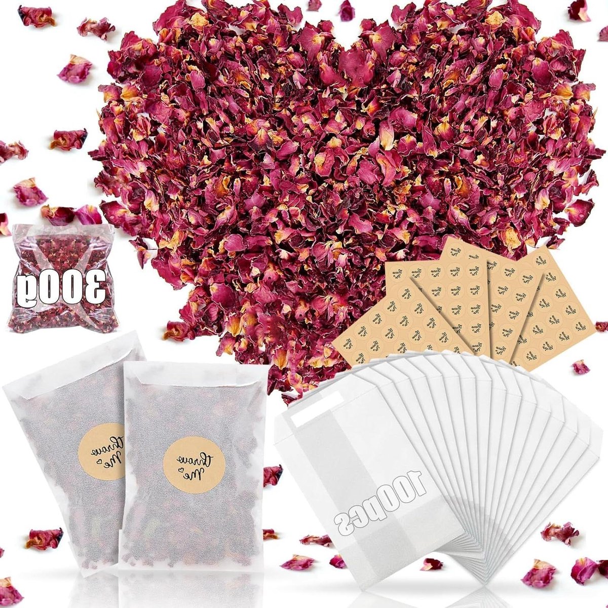Thelau - 300 gram biologisch afbreekbare rozenblaadjes – papieren zakjes – confetti – romantische droogbloemen – geschikt voor feesten en bruiloften