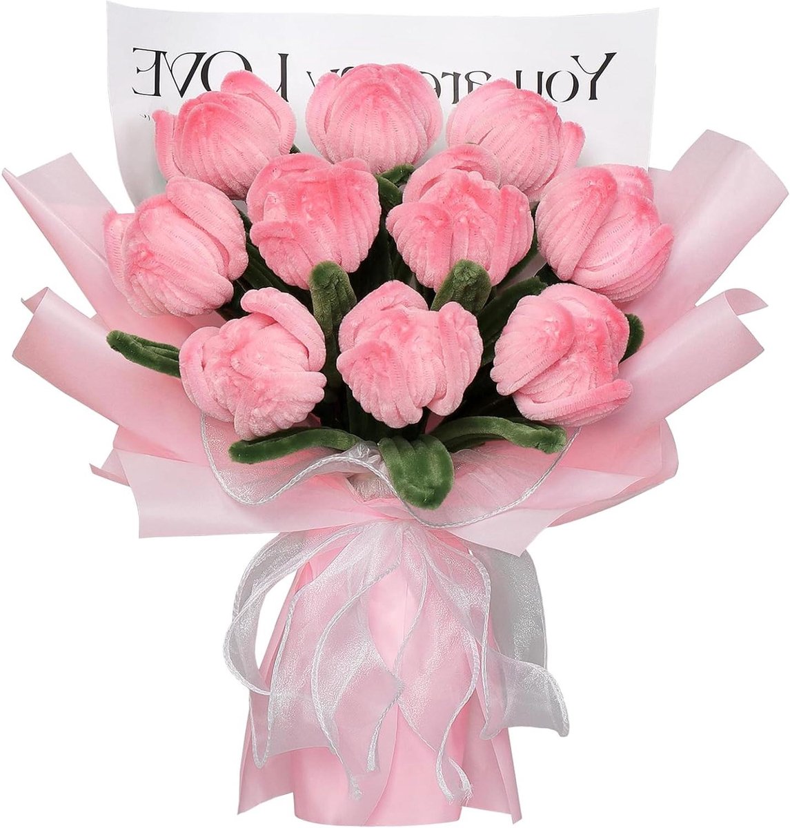 Thelau - Afgesloten pijpenreiniger voor speciale gelegenheden - Handgemaakt tulpenboeket met 10 roze tulpen voor Kerstmis, Moederdag, verjaardag, huwelijk, moeder, vrouwen.
