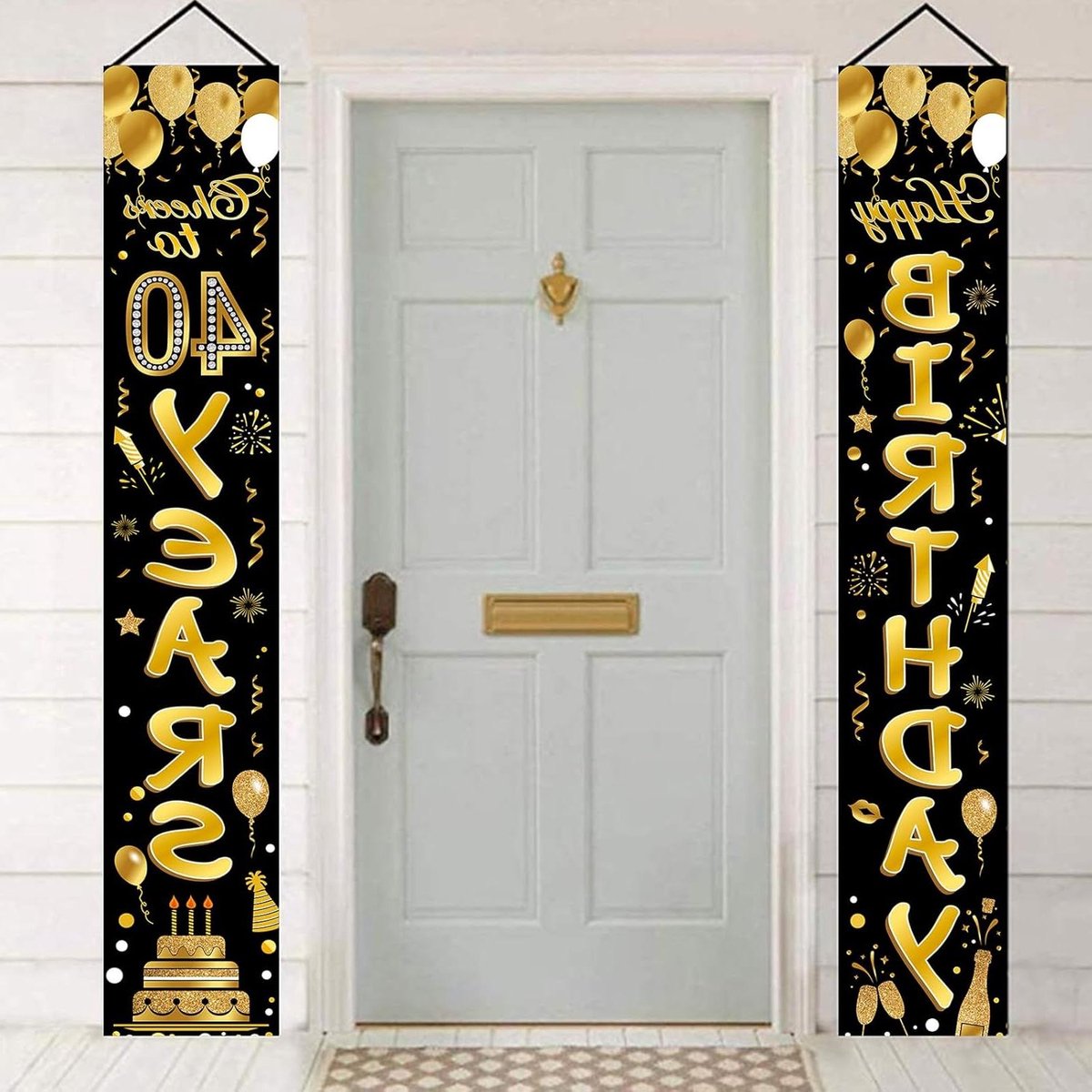 Thelau - Feestelijke deurbanner voor 10e verjaardagsfeestje - zwart gouden decor - jongens meisjes mannen vrouwen 10 jaar - binnen buiten decoratie - 70x11,8 inch - benodigdheden - verjaardagsfeest - 40e zwart goud.