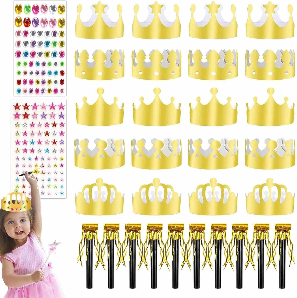 Thelau - Gouden Koningkroon - Glanzende Goudfolie Partyhoed voor Verjaardag, Babyshower - Feestelijke Fotoprops Met Strik