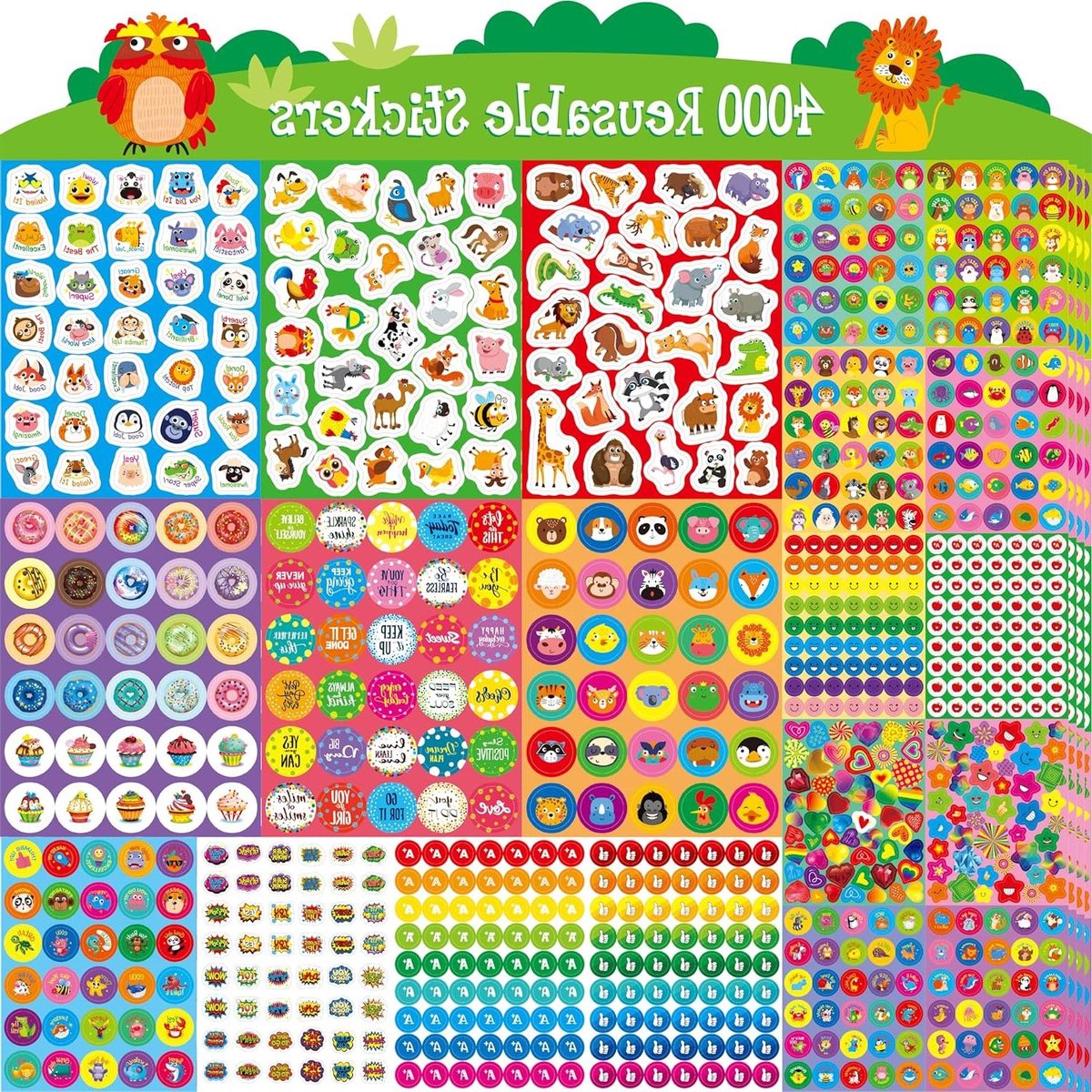 Thelau - Herbruikbare stimuleringsstickers met waterdichte beloningsstickers - 100 vellen - motiverende dieren, sterren, harten - voor kinderen, leraren, ouders