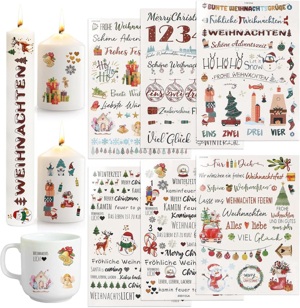 Thelau - Kerstkaarsen Tatoeages Watertransferdruk, Kerstmis Kerstdecoratie, 6 Stuks Kaarsenstickers voor Kaarsen, Mok, DIY Cadeau.