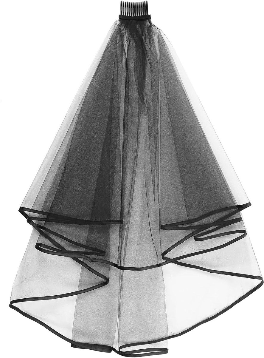 Thelau - Korte bruidssluier met kam, 2-traps tule, zwart, Halloween - Ellebooglengte bruiloftssluier - Bandrand, 60-80 cm