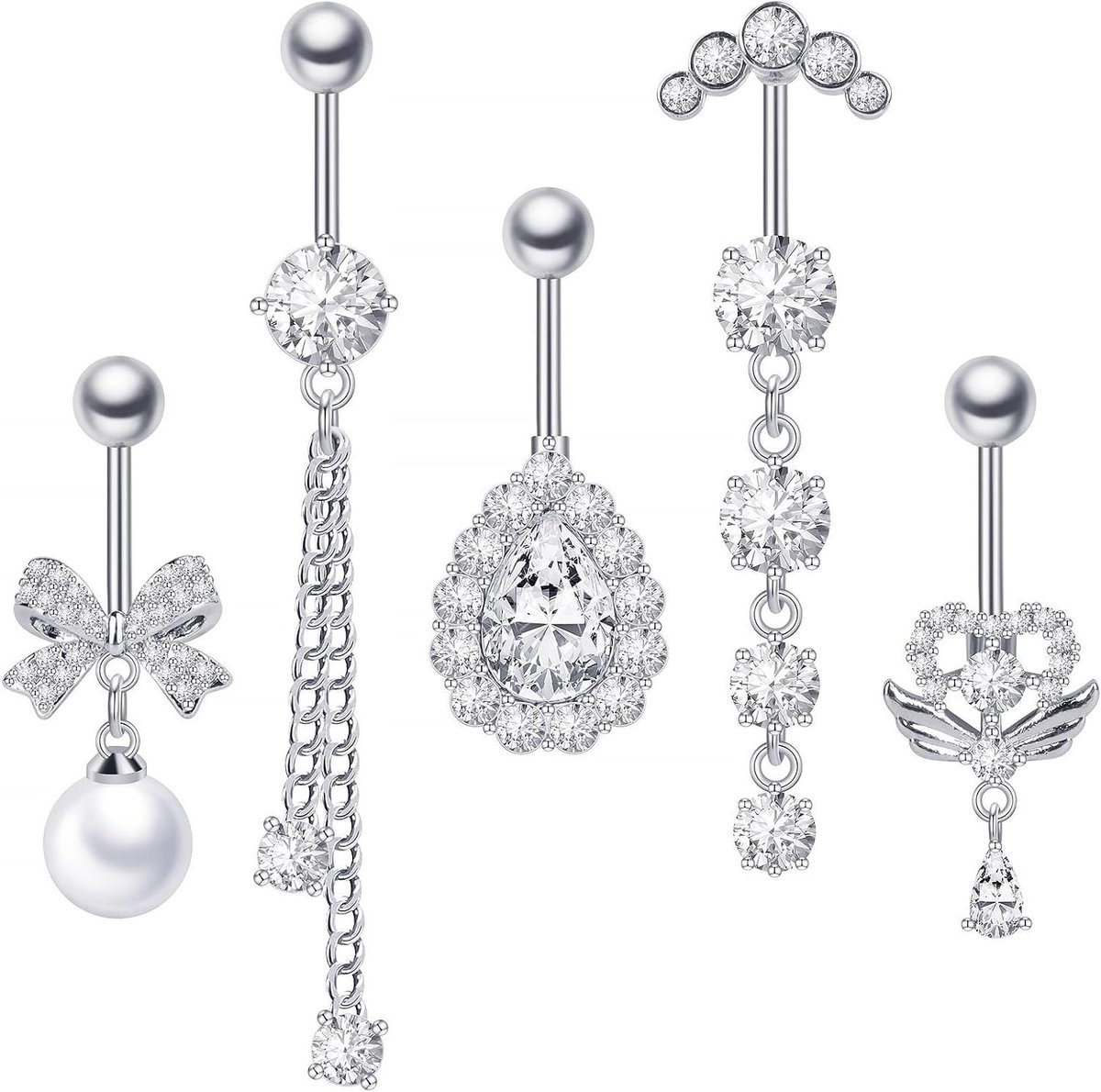 Thelau - Navelpiercingset chirurgisch staal zilver banaanpiercing staaflengte 10 mm vlinder bloem rond hangende buikpiercing 5 stuks