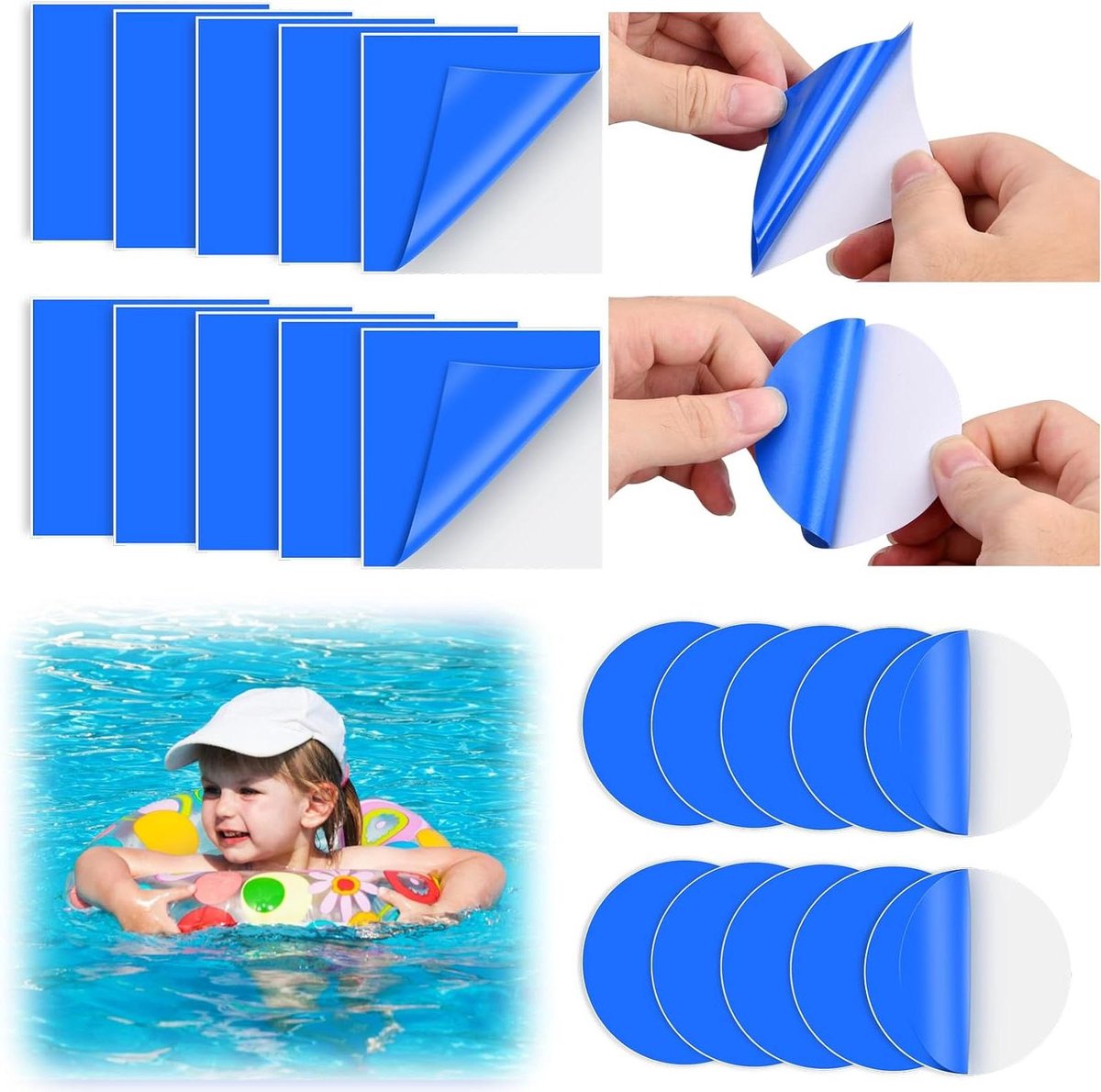 Thelau - Reparatiepleisters van pvc - Set van 8 stuks zelfklevende patches voor matrassen en zwembaden, inclusief reparatieset - Voor opblaasbare en waterbedzwembaden
