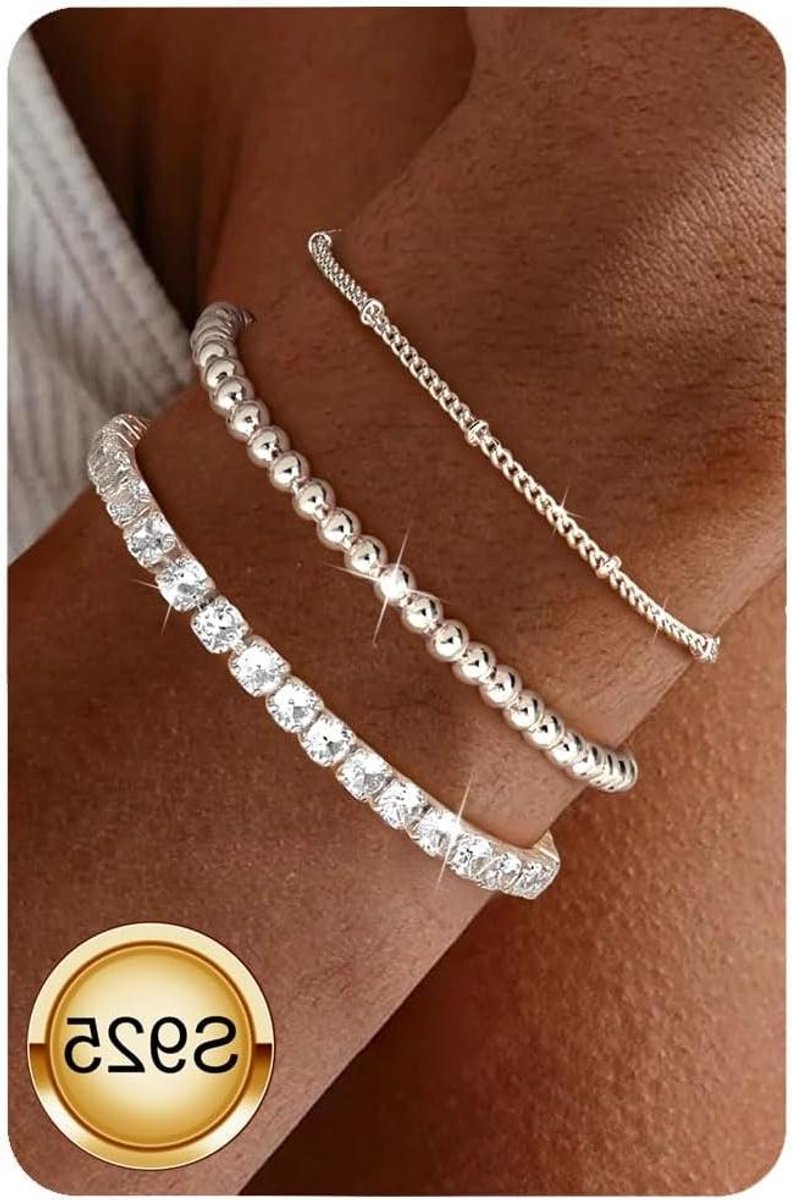 Thelau - Set van 3 vrouwelijke armbanden van hoogwaardig zilver met hangers, verstelbaar - CZ steentjes - stapelbaar - Goud & Zilver - Sieraden voor dames - Geschenk