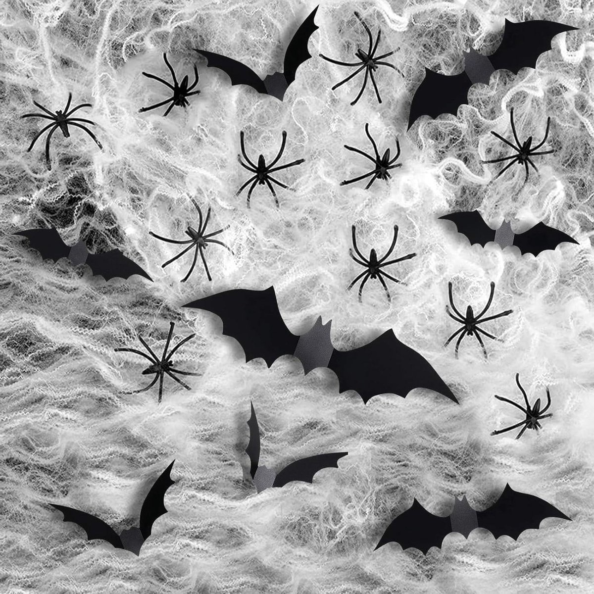 Thelau - Spinnenweb Decoratie Set voor Halloween Feest - Kunstmatige Spinnen, Vleermuizen en Spiderweb - 120g - 51m² Bedekking