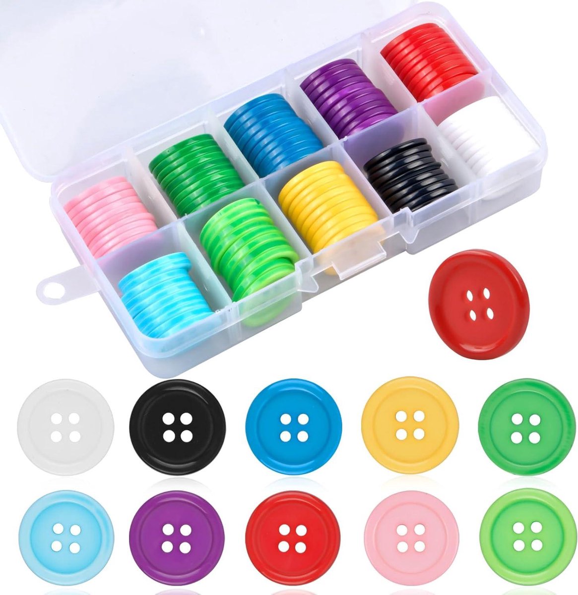 Thelau - Vrolijke set van 100 kleurrijke knopen in een handige bewaardoos - 20 mm - Voor naaien, knutselen en scrapbooking - Decoratieve kinderknopen met 4 gaten