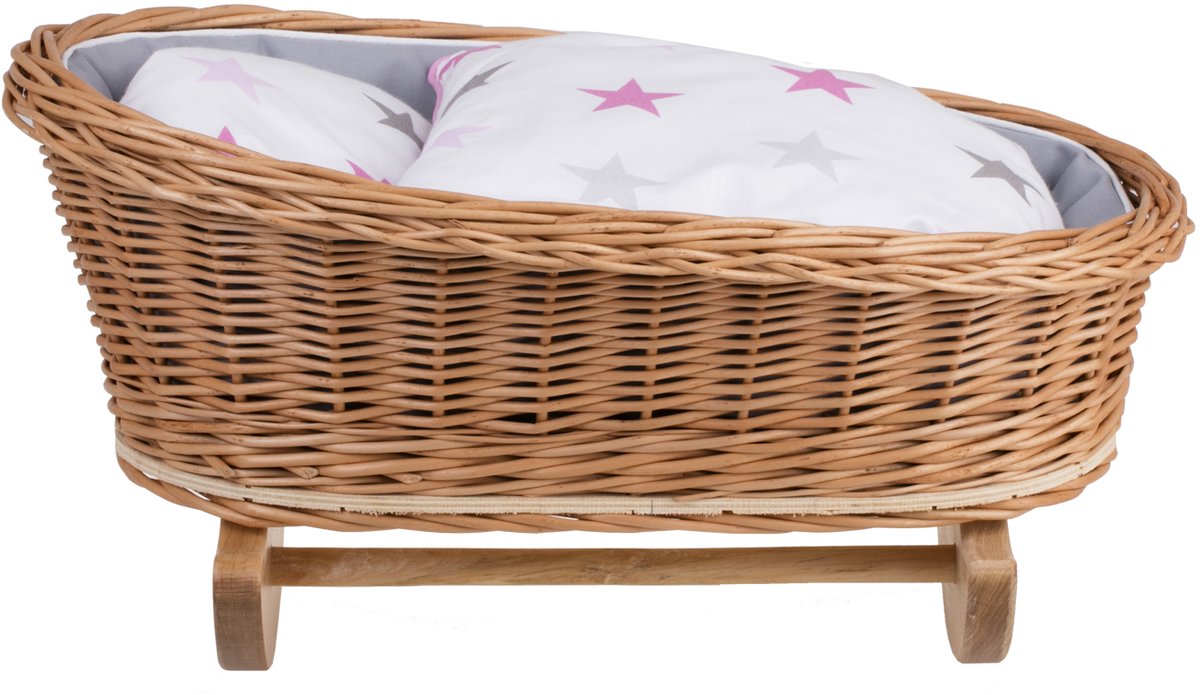 The Wicker Stories Mimi - Poppenwieg met kussen en deken - Perfect als cadeau voor een meisje - Natuurlijk / Grijs