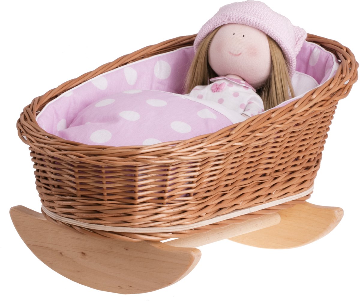 The Wicker Stories Mimi - Poppenwieg met kussen en deken - Perfect als cadeau voor een meisje - Natuurlijk / Roze