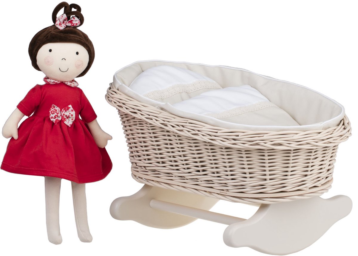 Wicker24 Mimi - Poppenwieg met kussen en deken - Perfect als cadeau voor een meisje - Beige