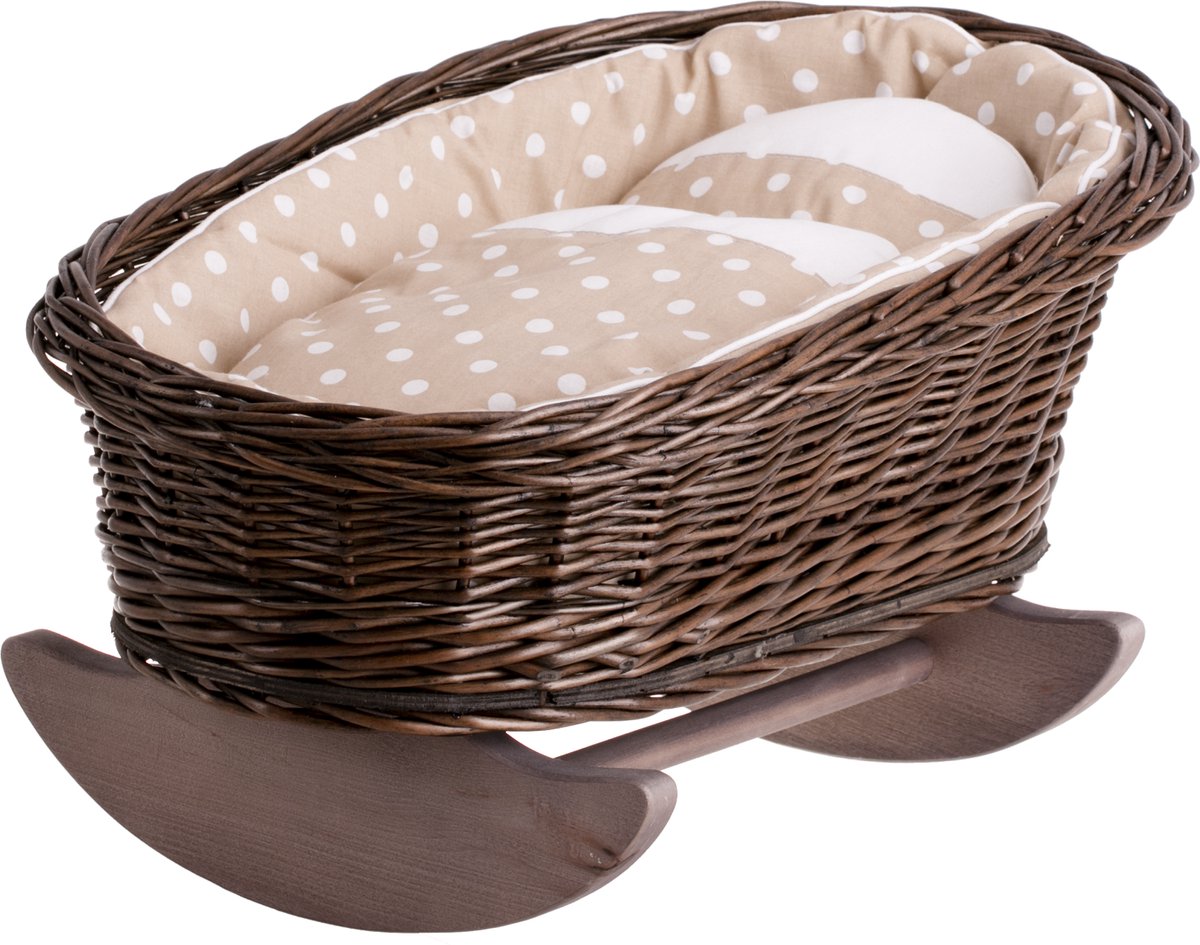 Wicker24 Mimi - Poppenwieg met kussen en deken - Perfect als cadeau voor een meisje - Donker / Beige