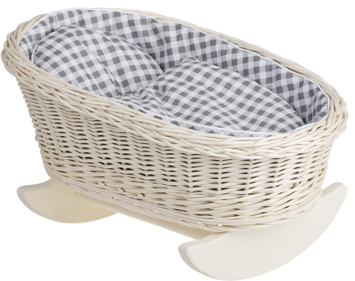 Wicker24 Mimi - Poppenwieg met kussen en deken - Perfect als cadeau voor een meisje - Licht / Grijs