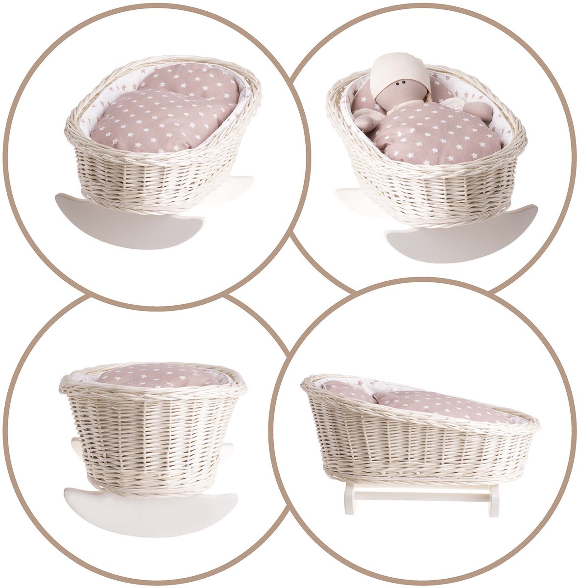 Wicker24 Mimi - Poppenwieg met kussen en deken - Perfect als cadeau voor een meisje - Licht / Roze