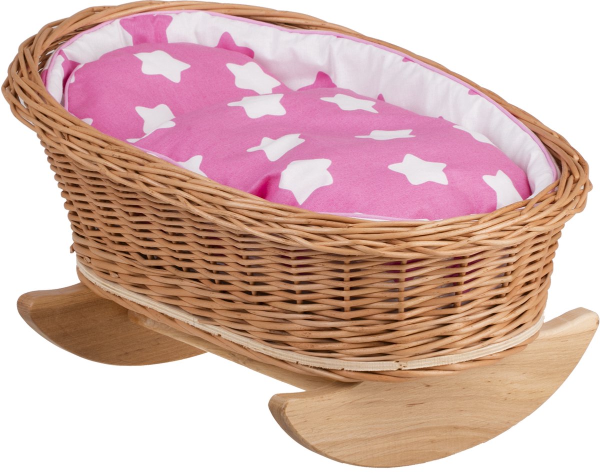 Wicker24 Mimi - Poppenwieg met kussen en deken - Perfect als cadeau voor een meisje - Natuurlijk / Roze