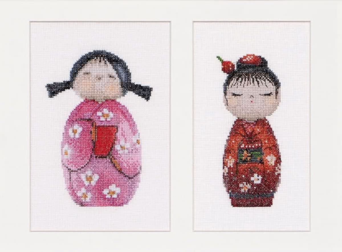 Thea Gouverneur Borduurpakket 547 Kokeshi Poppetjes Linnen stof