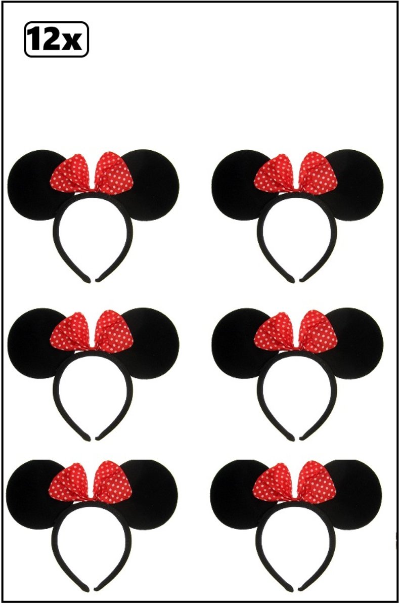 12x Diadeem zwarte muizen oren met strikje