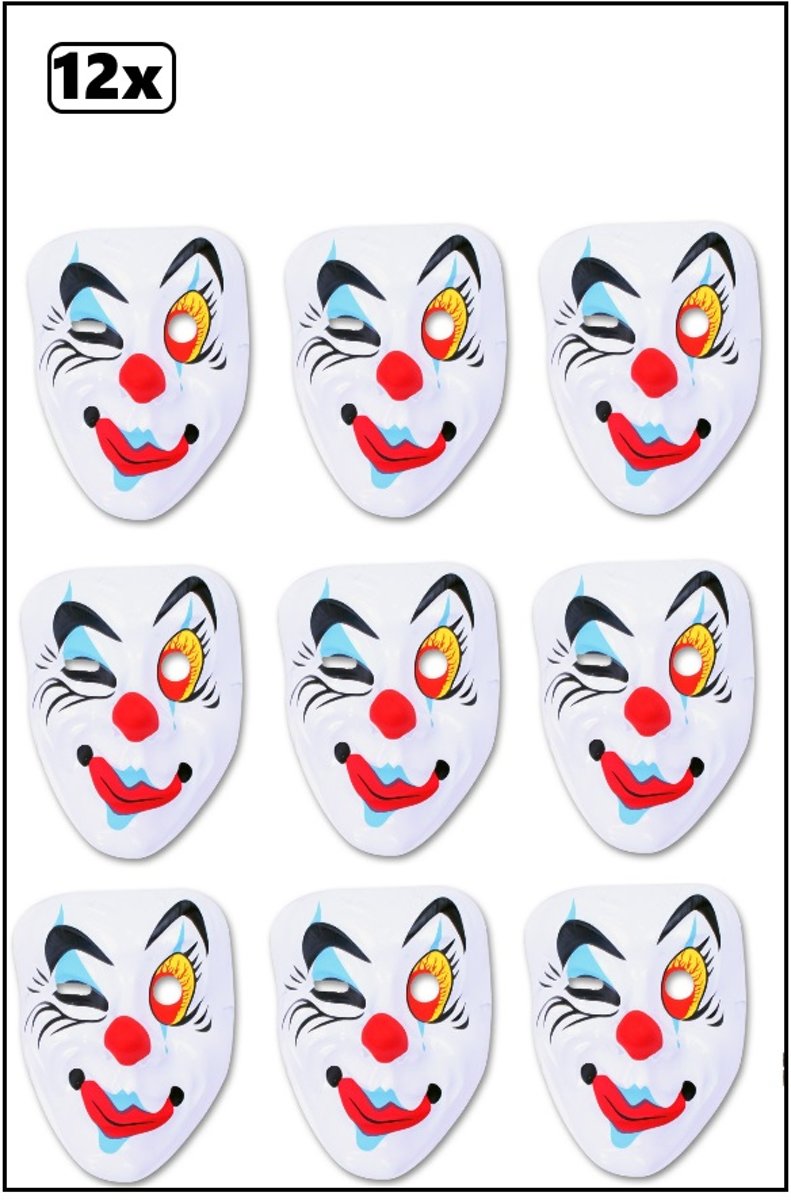 12x Masker pierrot knipoog plastic